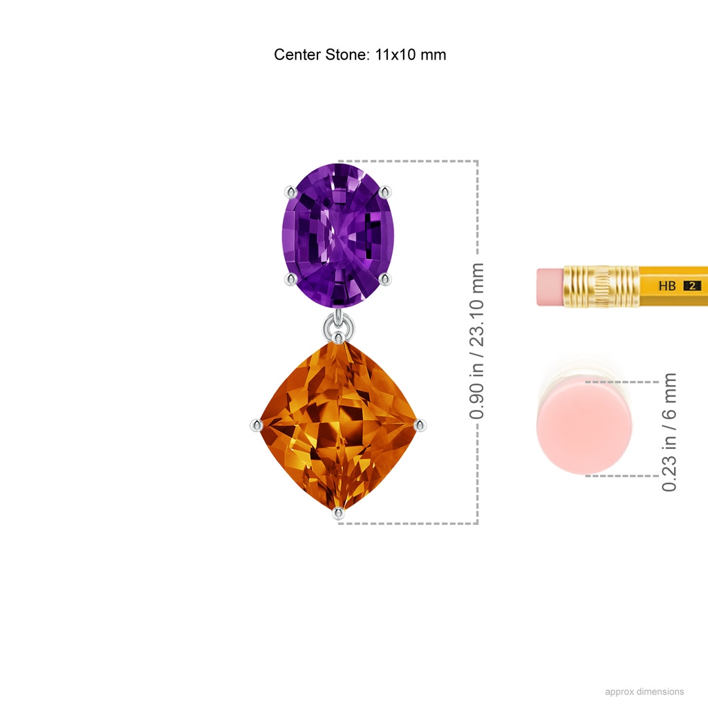 11x10mm AAAA Oval Amethyst and Lozenge-Shaped Citrine Dangle Earrings in P950 Platinum Ruler