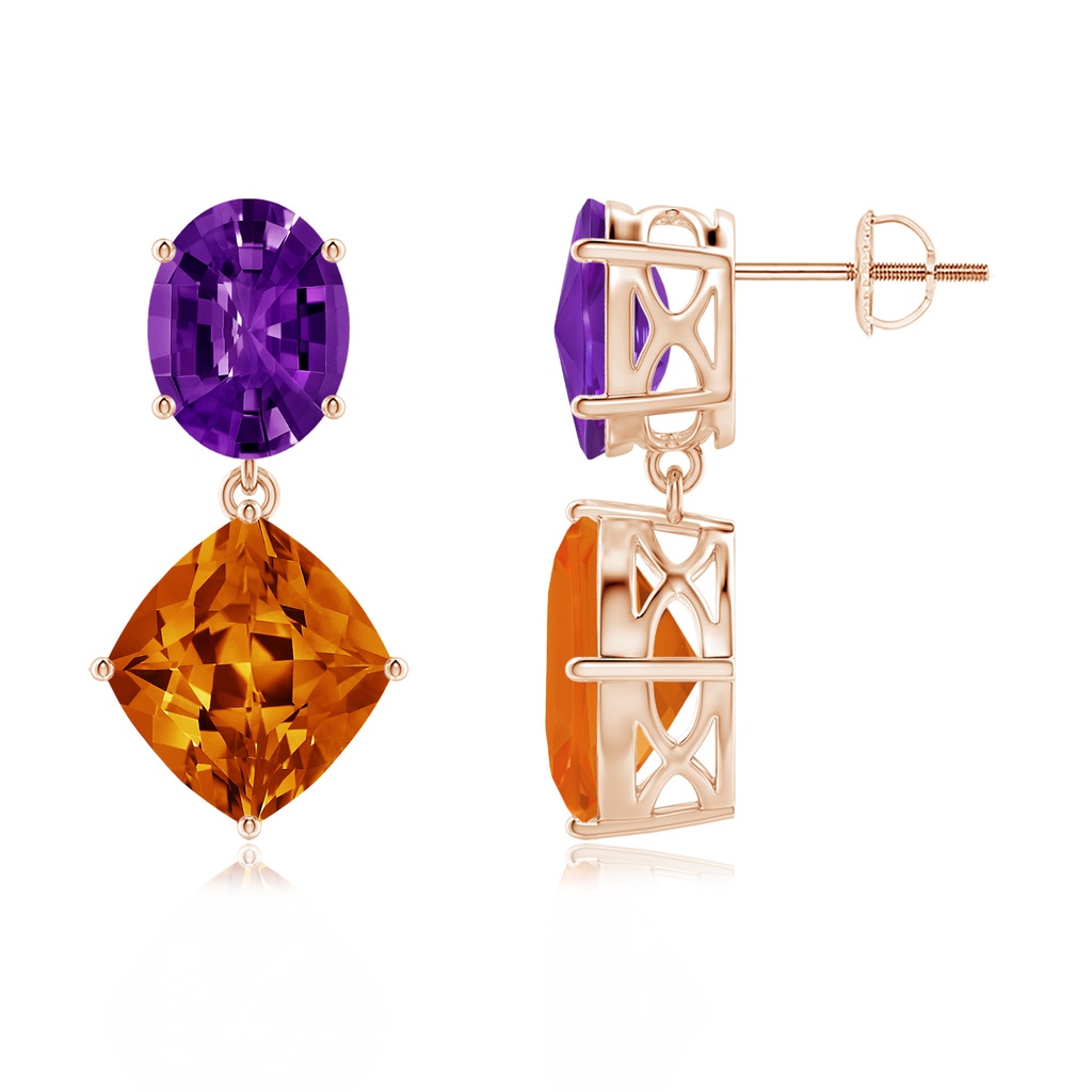 11x10mm AAAA Oval Amethyst and Lozenge-Shaped Citrine Dangle Earrings in Rose Gold
