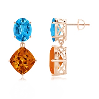 11x10mm AAAA Oval Swiss Blue Topaz and Lozenge-Shaped Citrine Dangle Earrings in 9K Rose Gold