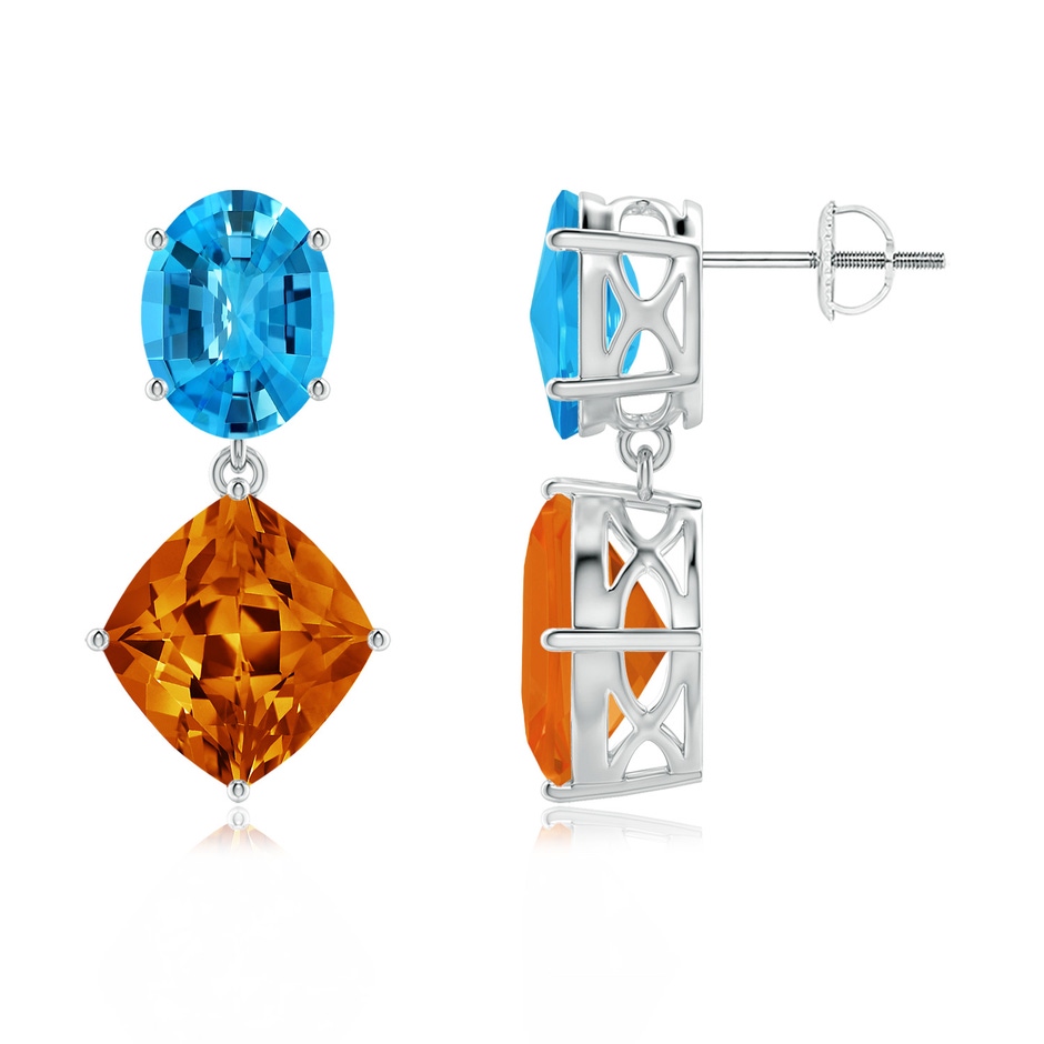 11x10mm AAAA Oval Swiss Blue Topaz and Lozenge-Shaped Citrine Dangle Earrings in White Gold 