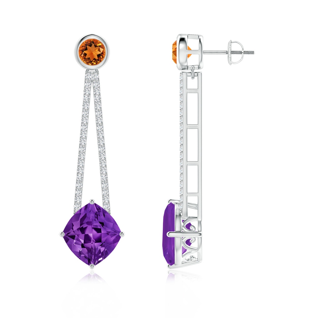 11x10mm AAAA Lozenge-Shaped Amethyst and Citrine Long Earrings in White Gold