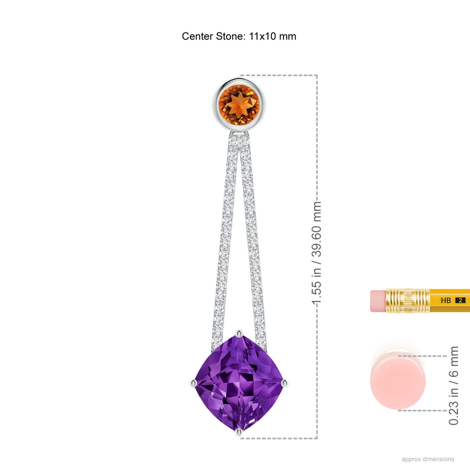 11x10mm AAAA Lozenge-Shaped Amethyst and Citrine Long Earrings in White Gold ruler