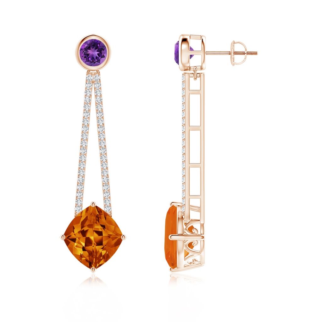 11x10mm AAAA Lozenge-Shaped Citrine and Amethyst Long Earrings in Rose Gold
