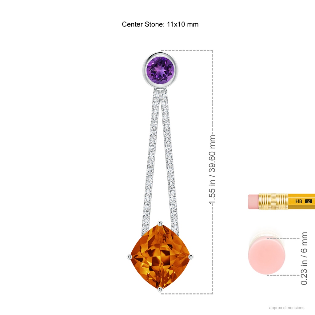 11x10mm AAAA Lozenge-Shaped Citrine and Amethyst Long Earrings in White Gold Ruler