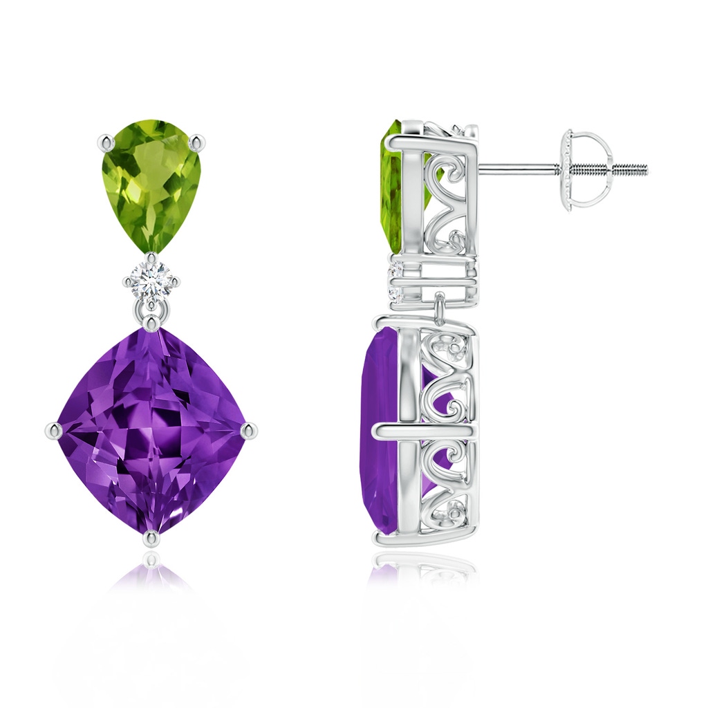 11x10mm AAAA Lozenge-Shaped Amethyst and Peridot Dangle Earrings in White Gold