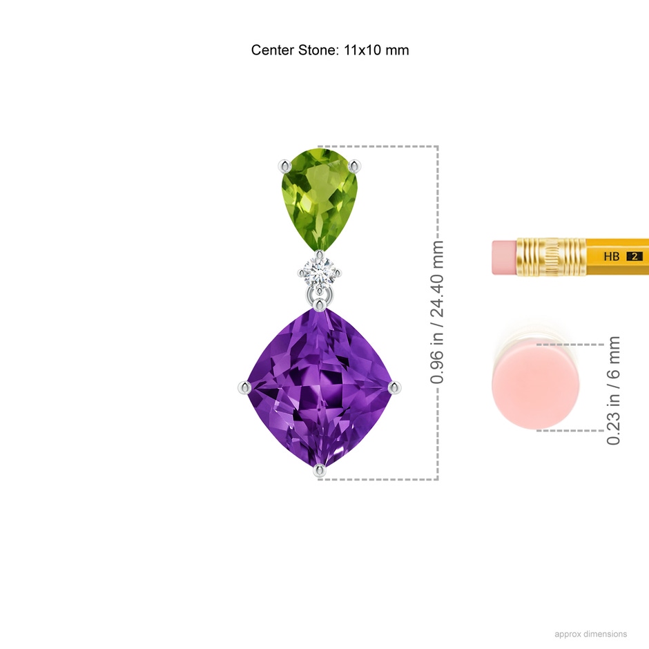 11x10mm AAAA Lozenge-Shaped Amethyst and Peridot Dangle Earrings in White Gold ruler