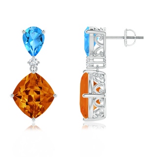 11x10mm AAAA Lozenge-Shaped Citrine and Swiss Blue Topaz Dangle Earrings in P950 Platinum