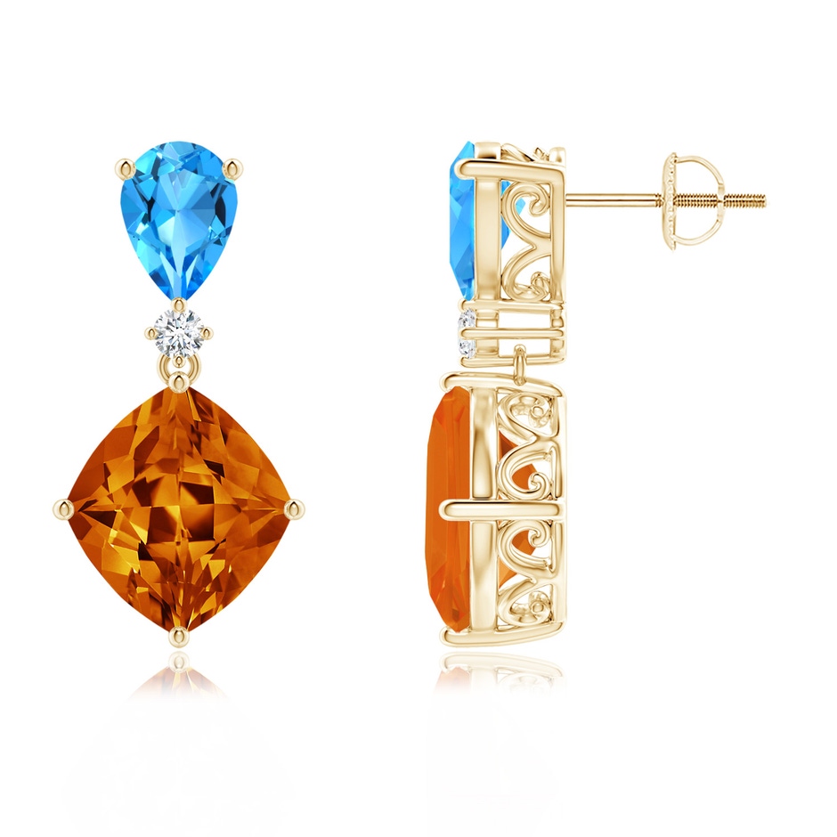 11x10mm AAAA Lozenge-Shaped Citrine and Swiss Blue Topaz Dangle Earrings in Yellow Gold 