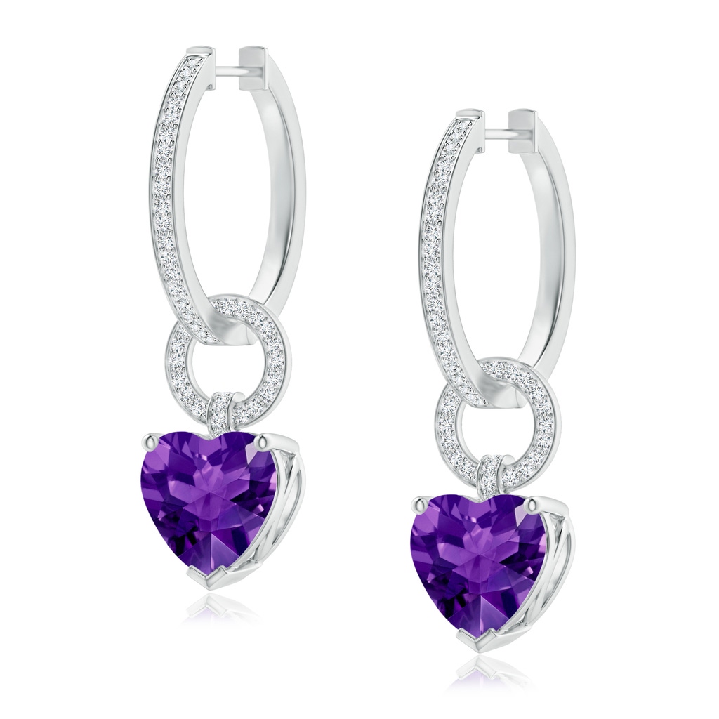 9mm AAAA Heart-Shaped Amethyst Dangle Earrings with Pave Diamonds in White Gold