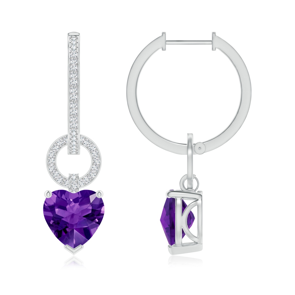 9mm AAAA Heart-Shaped Amethyst Dangle Earrings with Pave Diamonds in White Gold Side-1