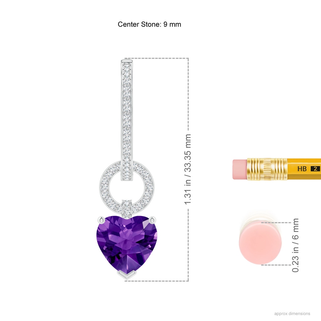 9mm AAAA Heart-Shaped Amethyst Dangle Earrings with Pave Diamonds in White Gold Ruler