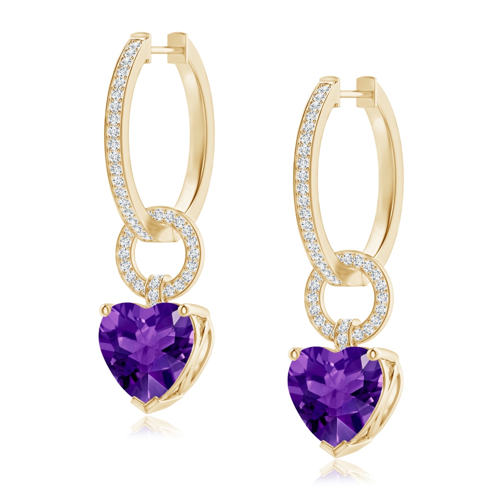 9mm AAAA Heart-Shaped Amethyst Dangle Earrings with Pave Diamonds in Yellow Gold