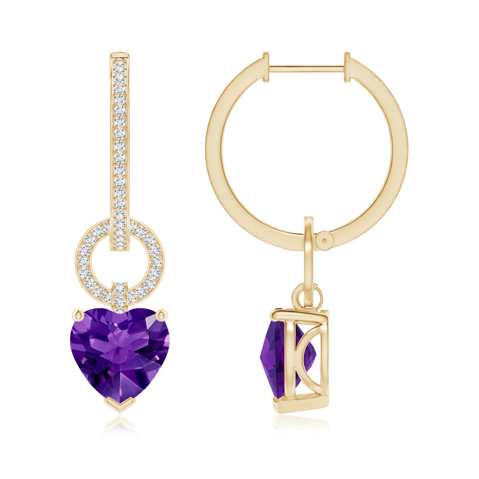 9mm AAAA Heart-Shaped Amethyst Dangle Earrings with Pave Diamonds in Yellow Gold side-1