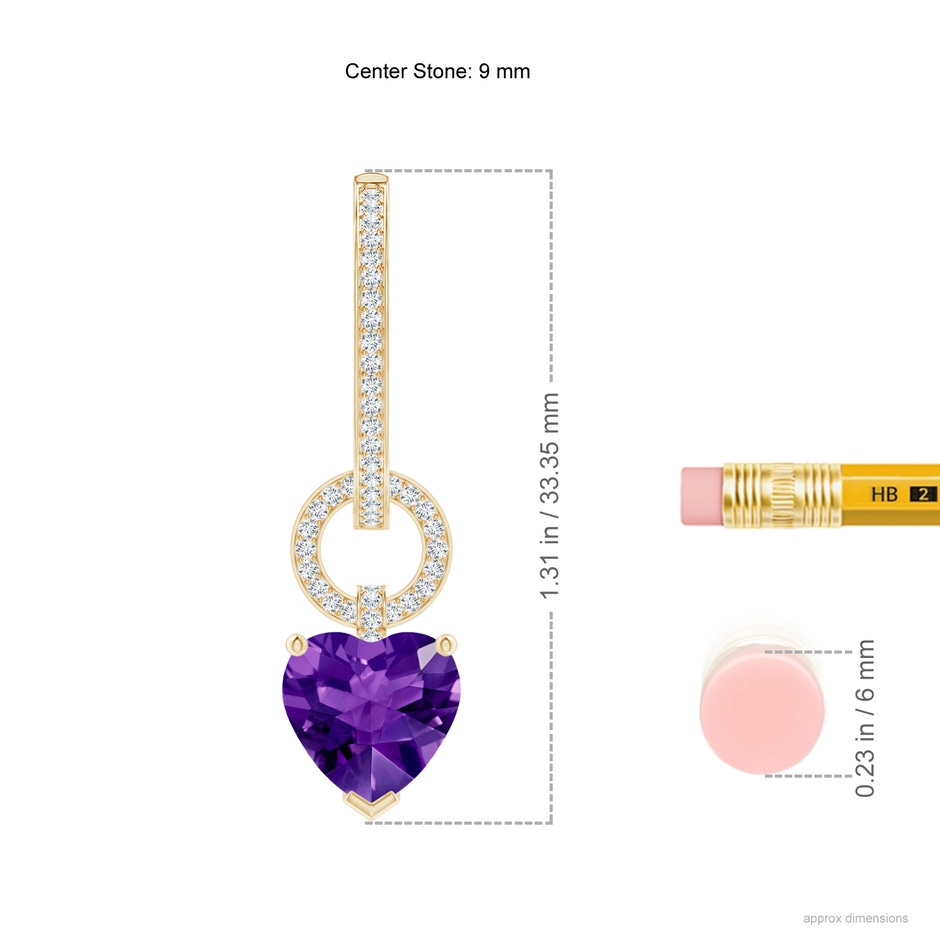 9mm AAAA Heart-Shaped Amethyst Dangle Earrings with Pave Diamonds in Yellow Gold ruler