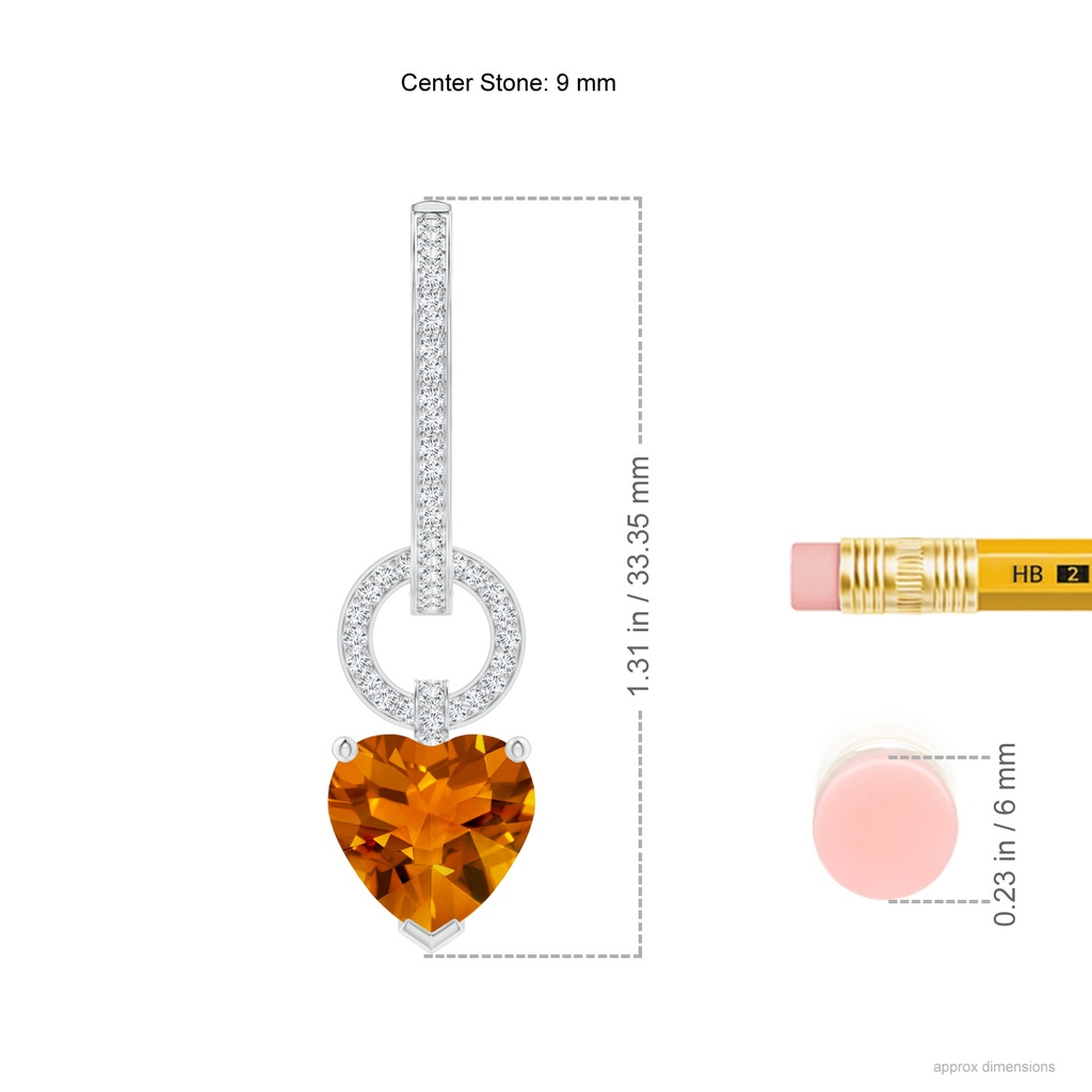 9mm AAAA Heart-Shaped Citrine Dangle Earrings with Pave Diamonds in White Gold Ruler