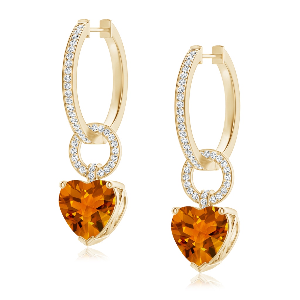 9mm AAAA Heart-Shaped Citrine Dangle Earrings with Pave Diamonds in Yellow Gold