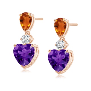 7mm AAAA Heart-Shaped Amethyst and Pear-Shaped Citrine Earrings in 9K Rose Gold