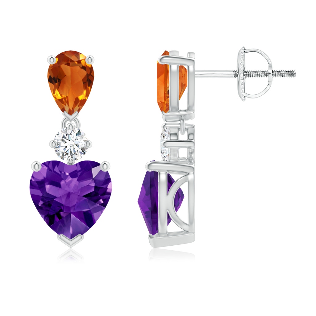7mm AAAA Heart-Shaped Amethyst and Pear-Shaped Citrine Earrings in White Gold Side-1