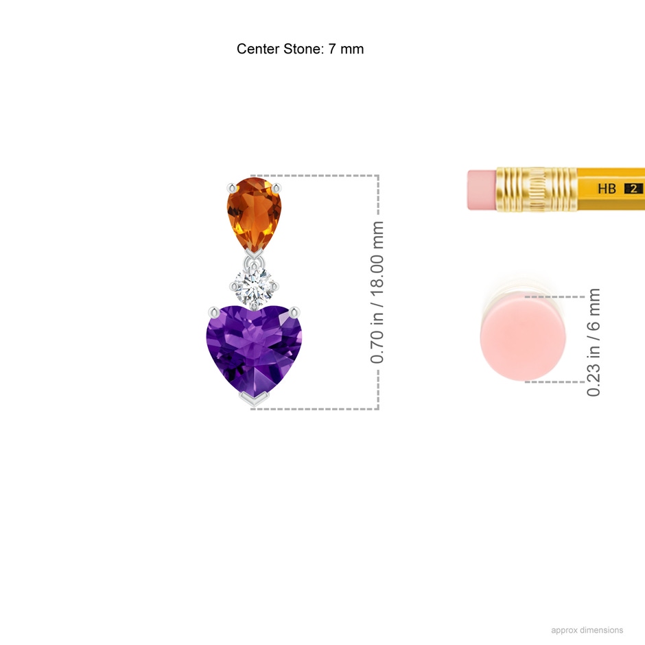 7mm AAAA Heart-Shaped Amethyst and Pear-Shaped Citrine Earrings in White Gold ruler