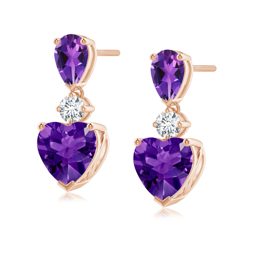 7mm AAAA Heart and Pear-Shaped Amethyst Earrings in Rose Gold
