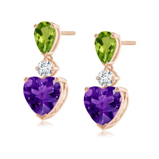 7mm AAAA Heart-Shaped Amethyst and Pear-Shaped Peridot Earrings in 10K Rose Gold