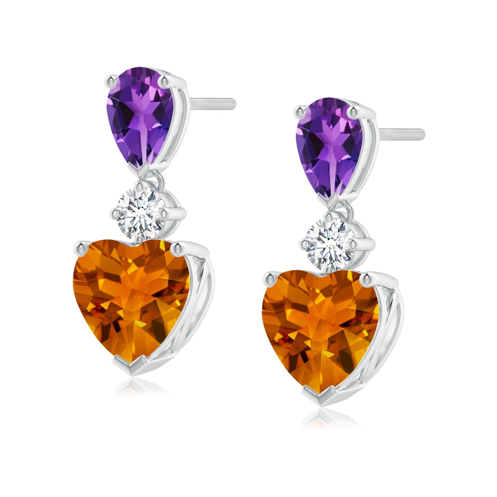 7mm AAAA Heart-Shaped Citrine and Pear-Shaped Amethyst Earrings in White Gold