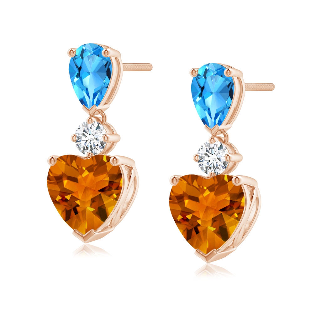 7mm AAAA Heart-Shaped Citrine and Pear-Shaped Swiss Blue Topaz Earrings in Rose Gold
