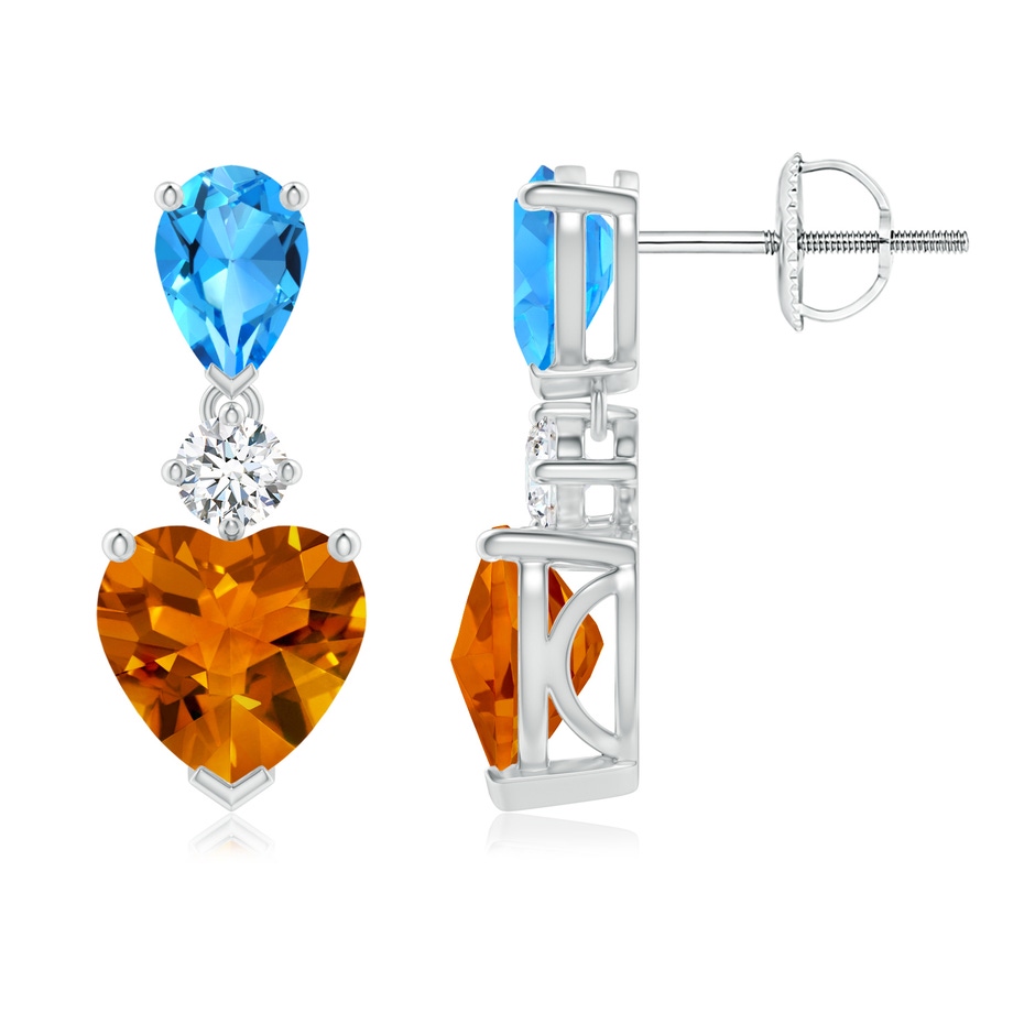 7mm AAAA Heart-Shaped Citrine and Pear-Shaped Swiss Blue Topaz Earrings in White Gold side-1