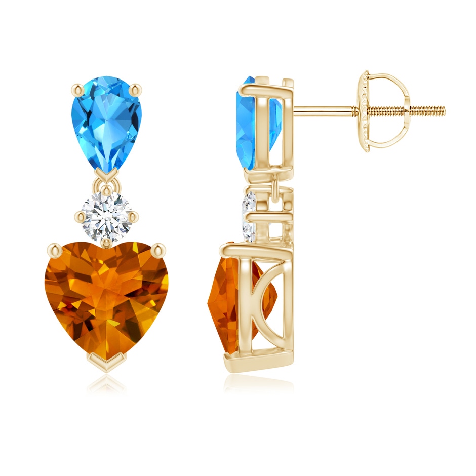 7mm AAAA Heart-Shaped Citrine and Pear-Shaped Swiss Blue Topaz Earrings in Yellow Gold side-1