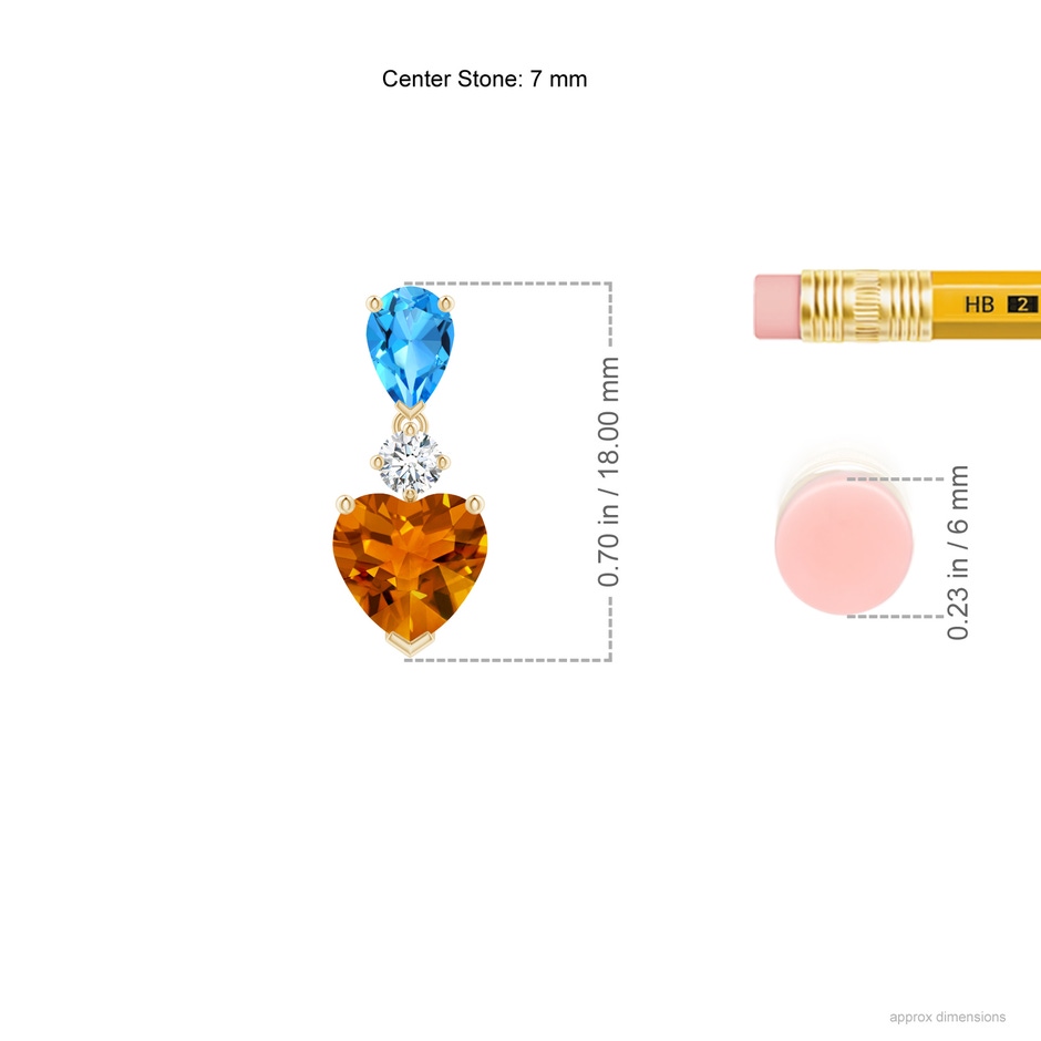 7mm AAAA Heart-Shaped Citrine and Pear-Shaped Swiss Blue Topaz Earrings in Yellow Gold ruler