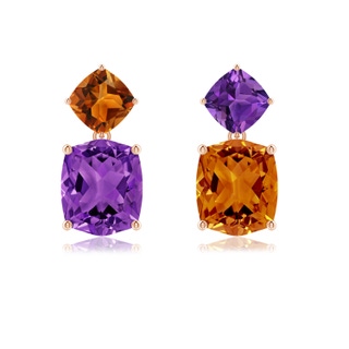 10x8mm AAAA Rectangular Cushion Amethyst & Citrine Mismatch Earrings in 10K Rose Gold