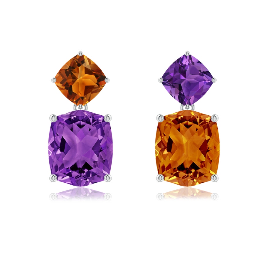 10x8mm AAAA Rectangular Cushion Amethyst & Citrine Mismatch Earrings in P950 Platinum 