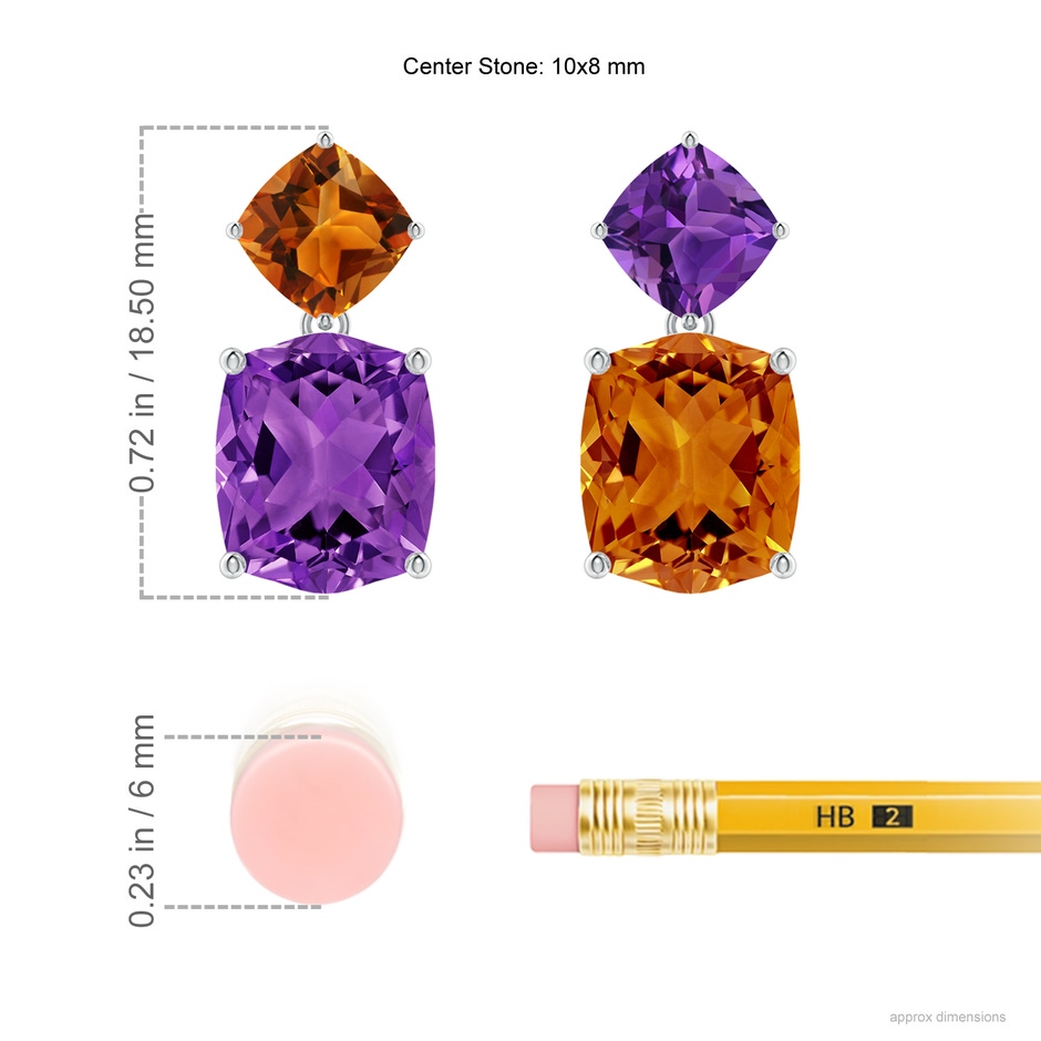 10x8mm AAAA Rectangular Cushion Amethyst & Citrine Mismatch Earrings in P950 Platinum ruler