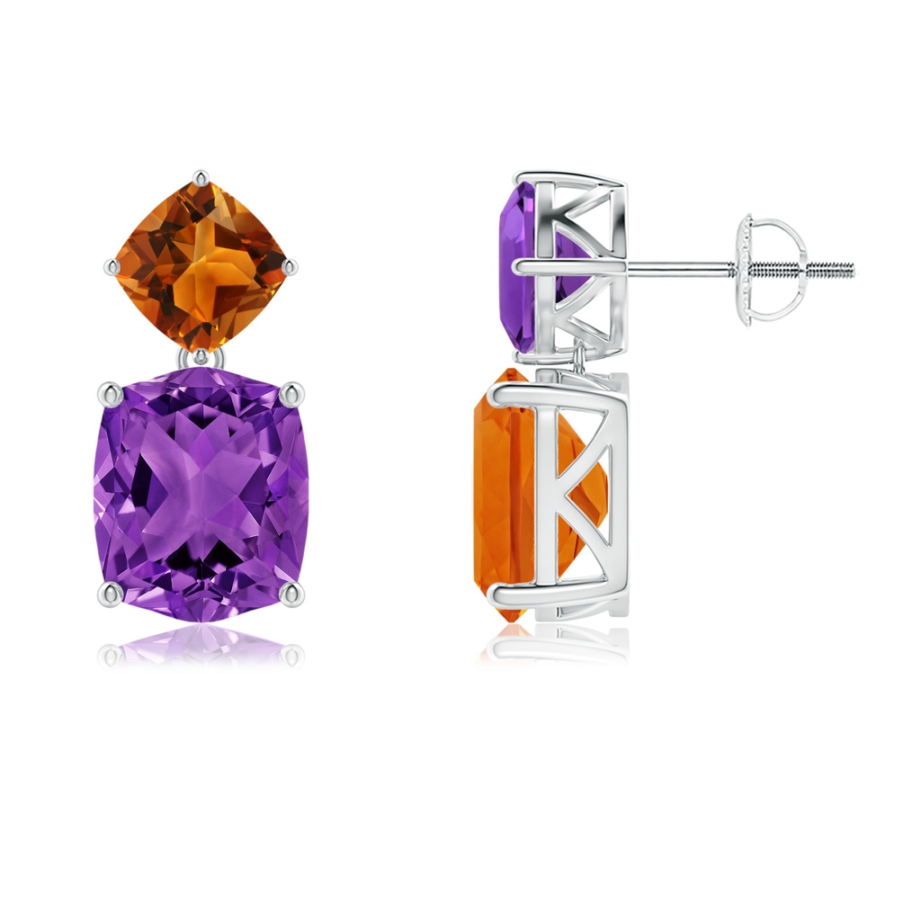10x8mm AAAA Rectangular Cushion Amethyst & Citrine Mismatch Earrings in White Gold - side_1