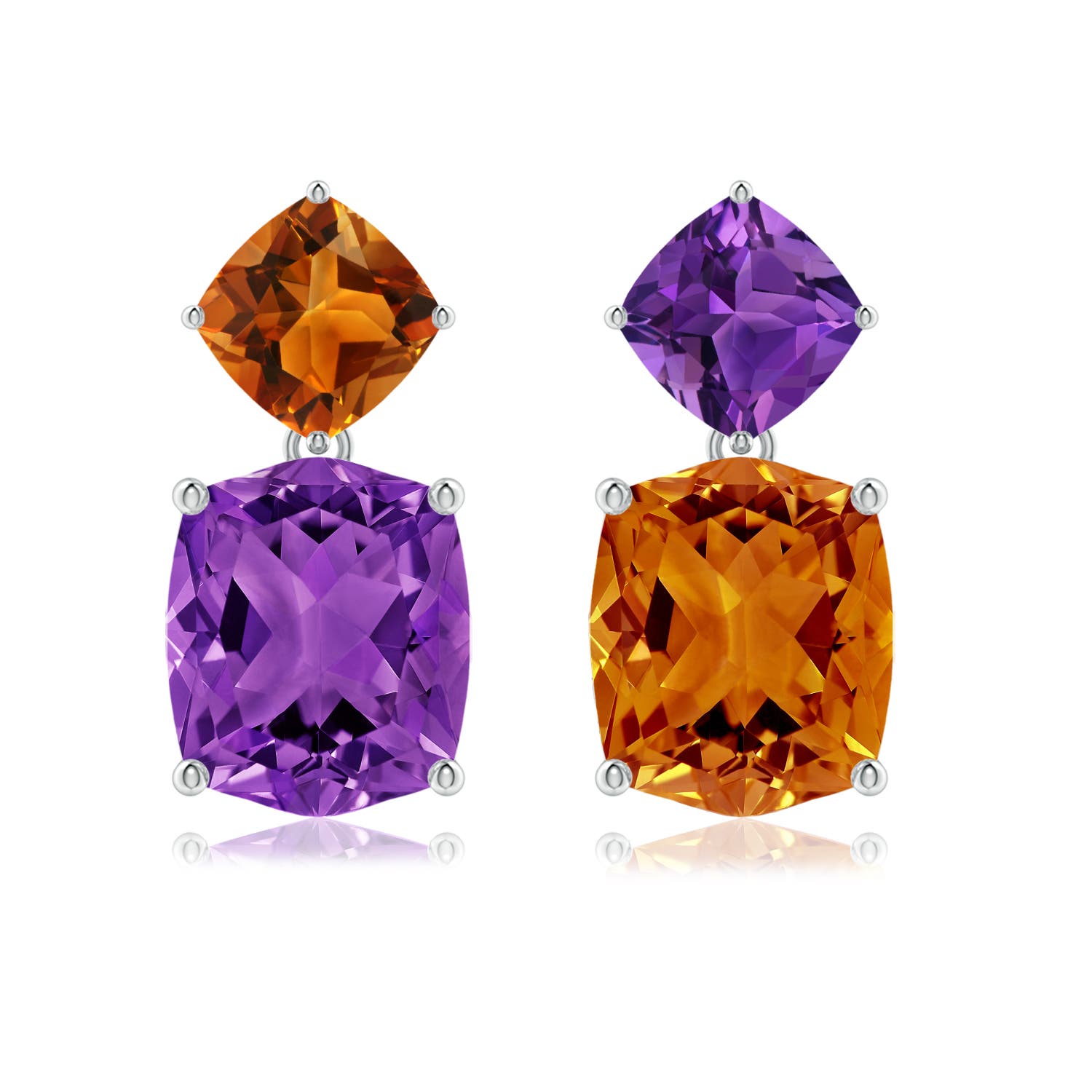 12x10mm AAAA Rectangular Cushion Amethyst & Citrine Mismatch Earrings in P950 Platinum