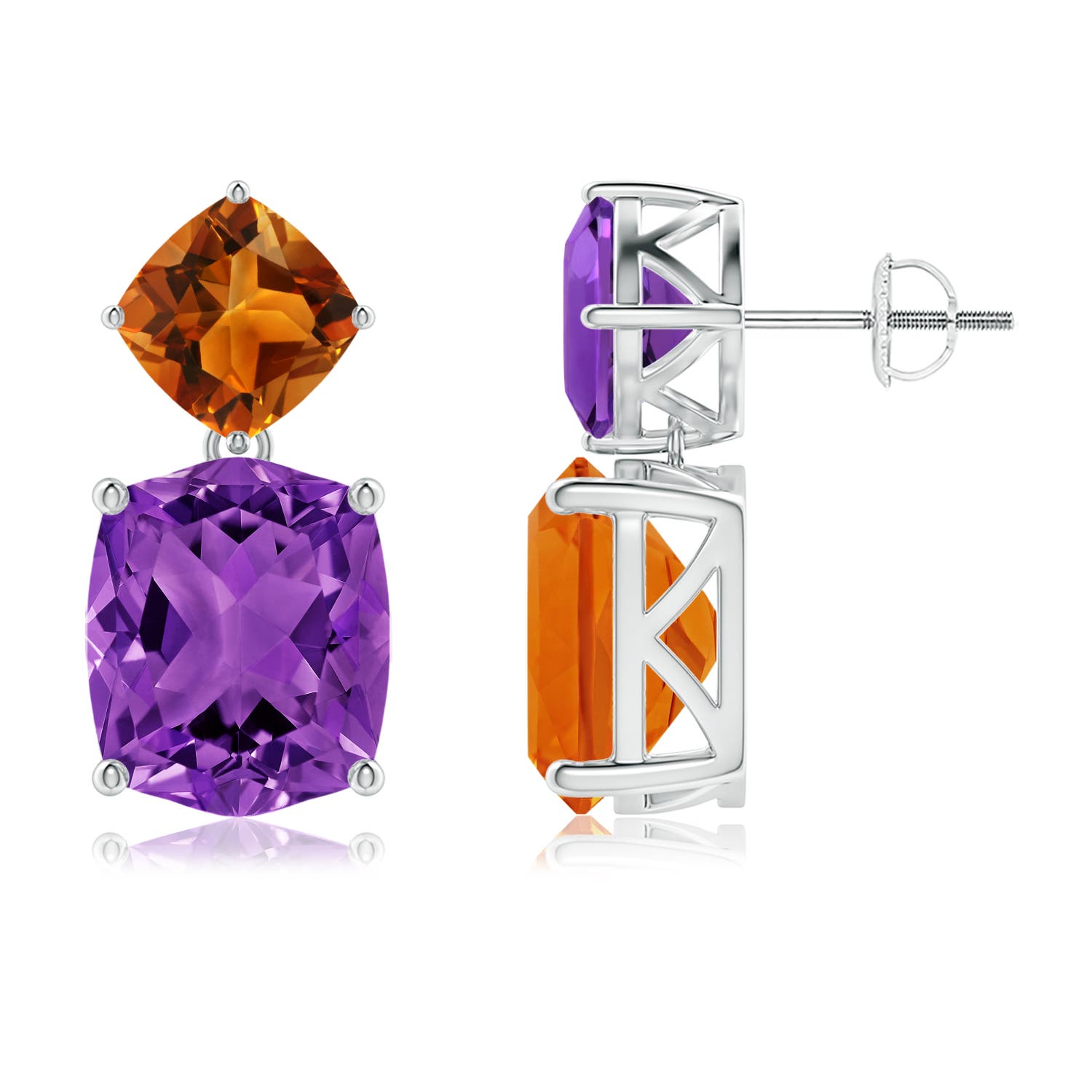 12x10mm AAAA Rectangular Cushion Amethyst & Citrine Mismatch Earrings in P950 Platinum
