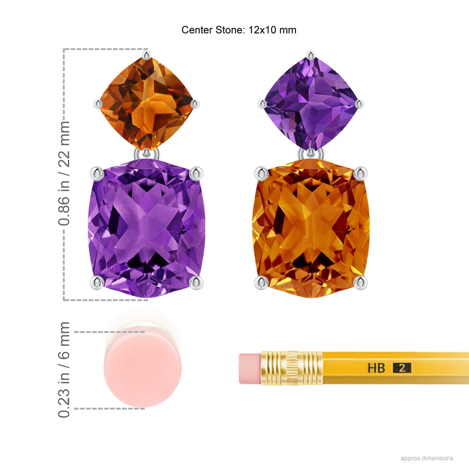 12x10mm AAAA Rectangular Cushion Amethyst & Citrine Mismatch Earrings in White Gold ruler