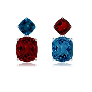 10x8mm AAAA Rectangular Cushion Garnet & London Blue Topaz Mismatch Earrings in P950 Platinum