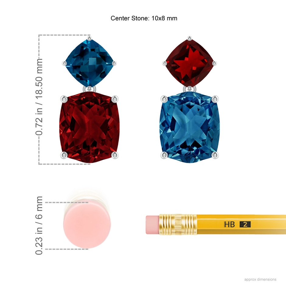 10x8mm AAAA Rectangular Cushion Garnet & London Blue Topaz Mismatch Earrings in White Gold ruler