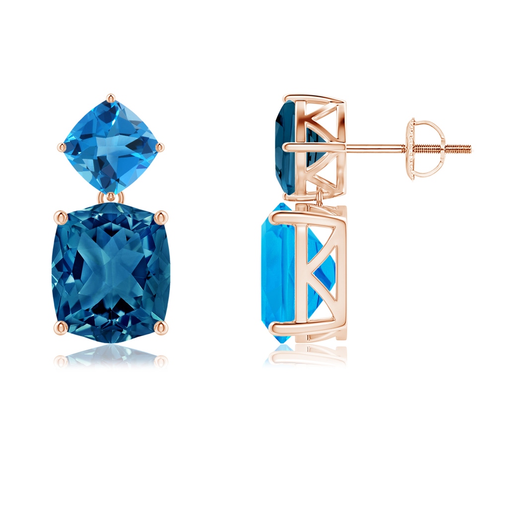 10x8mm AAAA Rectangular Cushion London & Swiss Blue Topaz Mismatch Earrings in Rose Gold - side_1