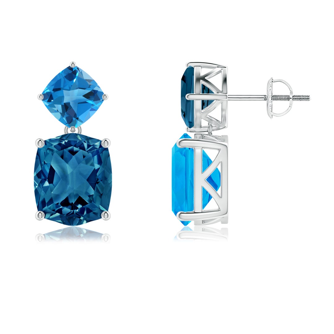10x8mm AAAA Rectangular Cushion London & Swiss Blue Topaz Mismatch Earrings in White Gold - side 2