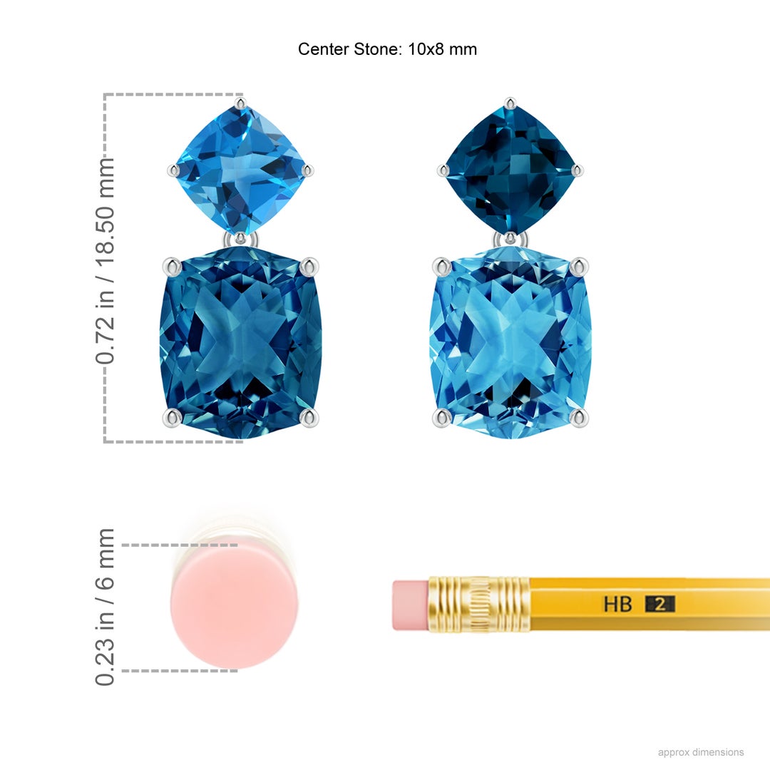 10x8mm AAAA Rectangular Cushion London & Swiss Blue Topaz Mismatch Earrings in White Gold - ruler