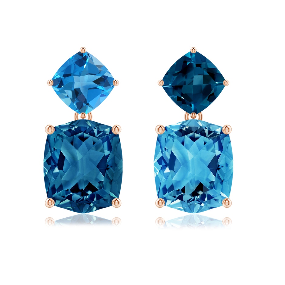 12x10mm AAAA Rectangular Cushion London & Swiss Blue Topaz Mismatch Earrings in Rose Gold 