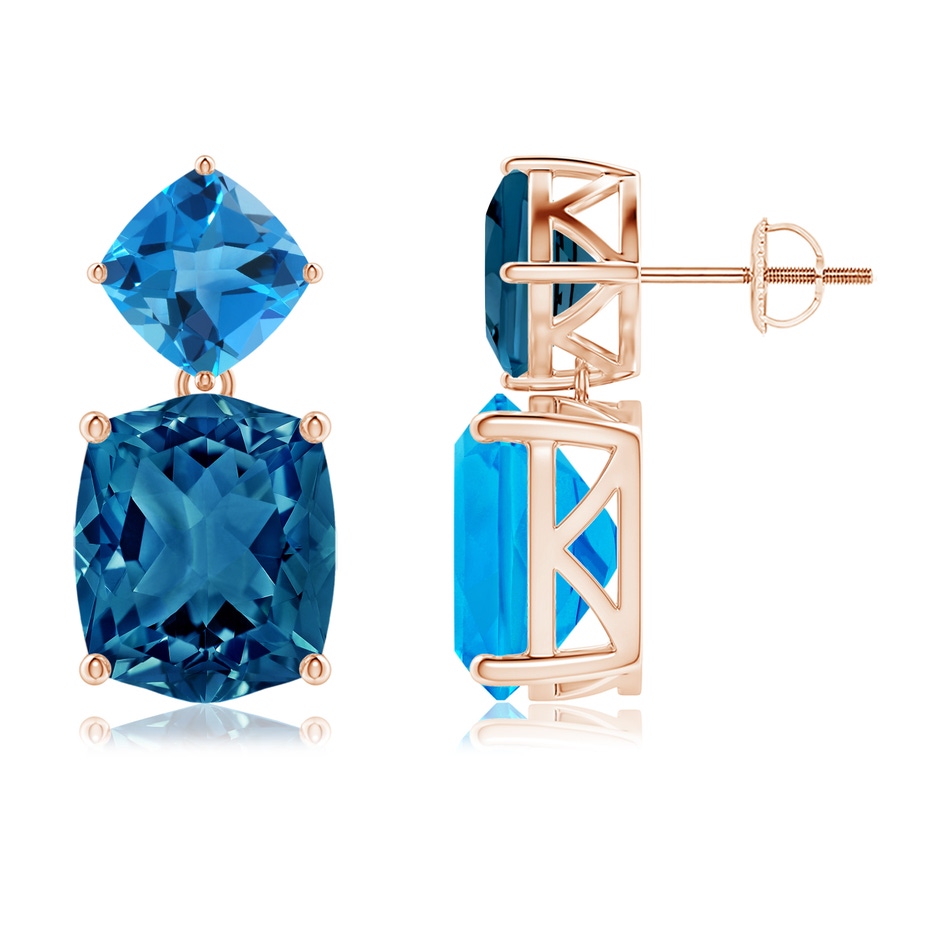 12x10mm AAAA Rectangular Cushion London & Swiss Blue Topaz Mismatch Earrings in Rose Gold side-1