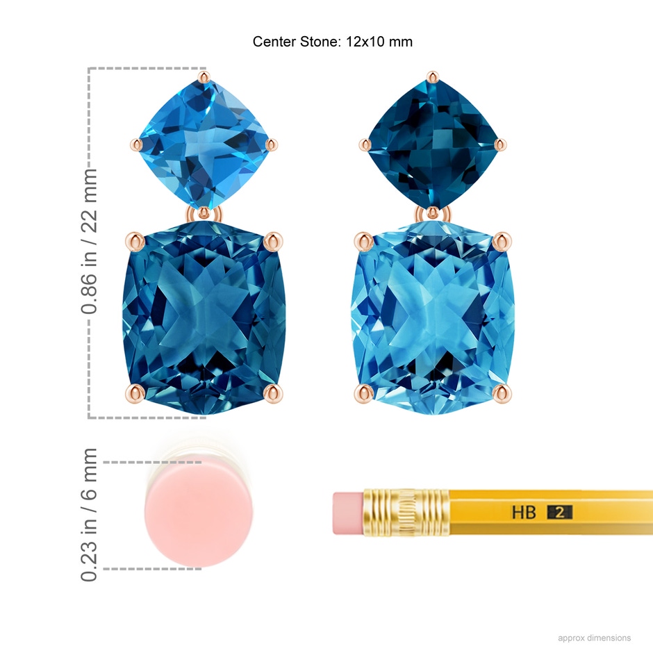 12x10mm AAAA Rectangular Cushion London & Swiss Blue Topaz Mismatch Earrings in Rose Gold ruler