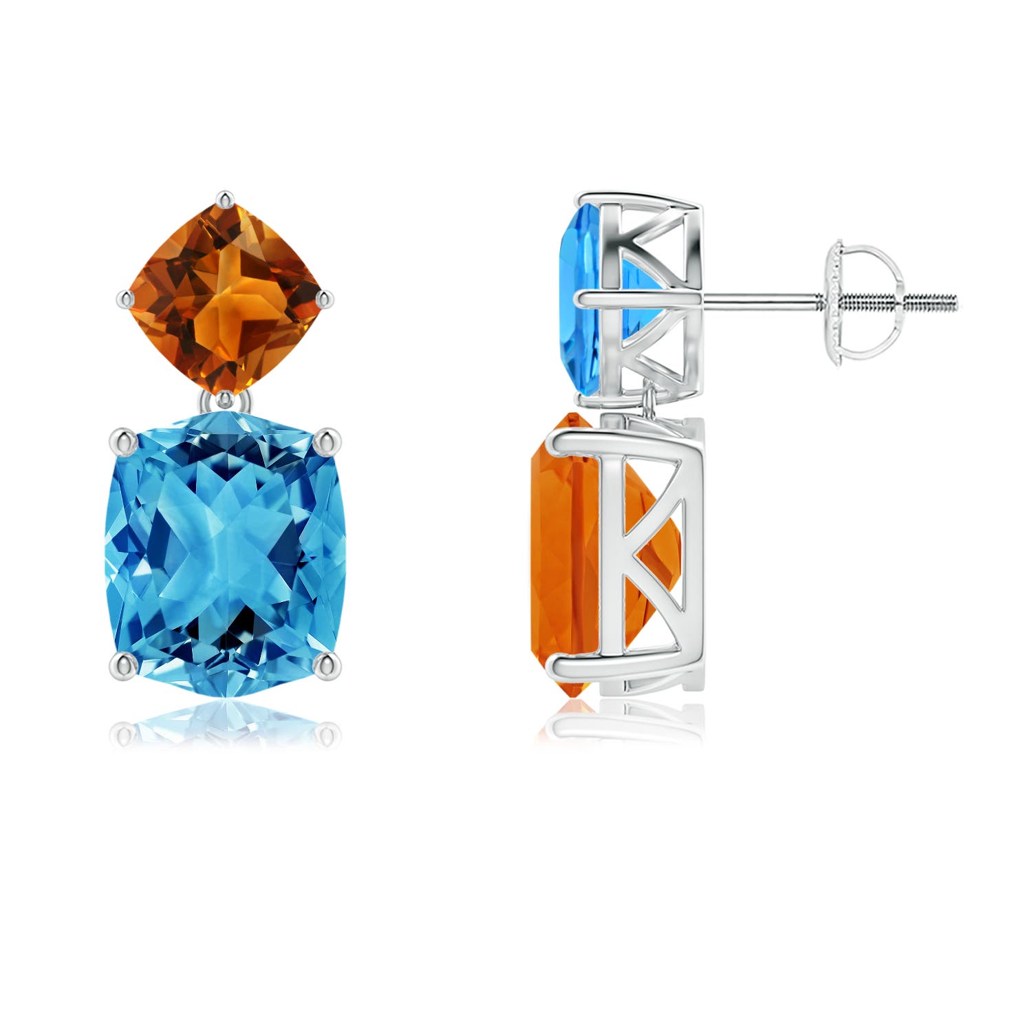 10x8mm AAAA Rectangular Cushion Swiss Blue Topaz & Citrine Mismatch Earrings in P950 Platinum