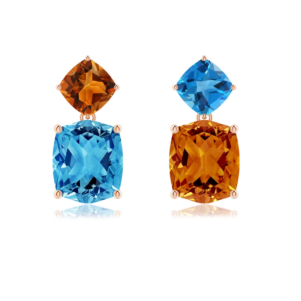 10x8mm AAAA Rectangular Cushion Swiss Blue Topaz & Citrine Mismatch Earrings in Rose Gold