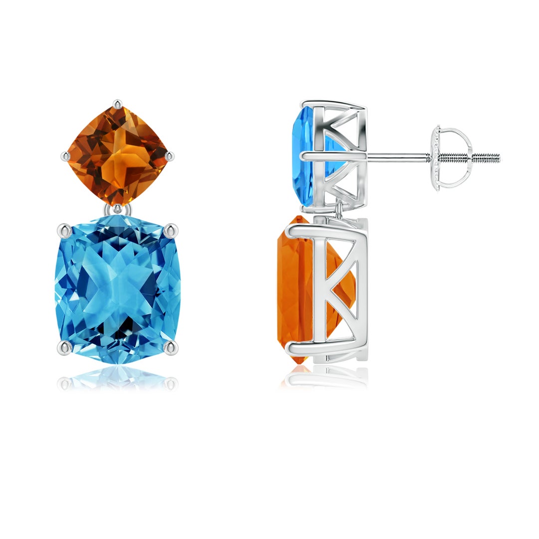 10x8mm AAAA Rectangular Cushion Swiss Blue Topaz & Citrine Mismatch Earrings in White Gold - side 2