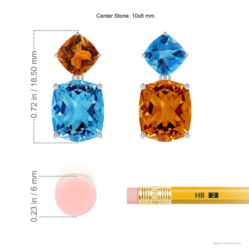 10x8mm AAAA Rectangular Cushion Swiss Blue Topaz & Citrine Mismatch Earrings in White Gold Ruler