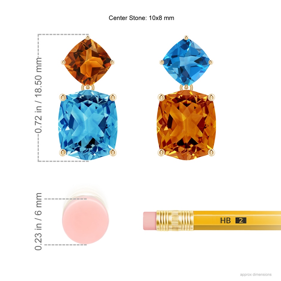 10x8mm AAAA Rectangular Cushion Swiss Blue Topaz & Citrine Mismatch Earrings in Yellow Gold ruler